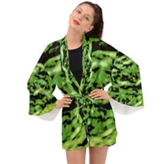 Green  Waves Abstract Series No11 Long Sleeve Kimono by DimitriosArt