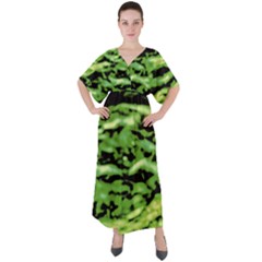 Green  Waves Abstract Series No11 V-neck Boho Style Maxi Dress by DimitriosArt