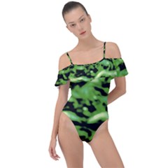 Green  Waves Abstract Series No11 Frill Detail One Piece Swimsuit by DimitriosArt