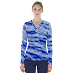 Blue Waves Abstract Series No10 V-neck Long Sleeve Top by DimitriosArt