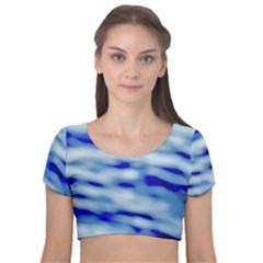 Blue Waves Abstract Series No10 Velvet Short Sleeve Crop Top  by DimitriosArt