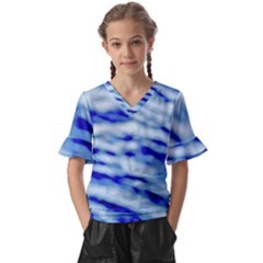 Blue Waves Abstract Series No10 Kids  V-neck Horn Sleeve Blouse