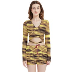 Yellow  Waves Abstract Series No10 Velvet Wrap Crop Top And Shorts Set by DimitriosArt