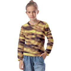 Yellow  Waves Abstract Series No10 Kids  Long Sleeve Tee With Frill 