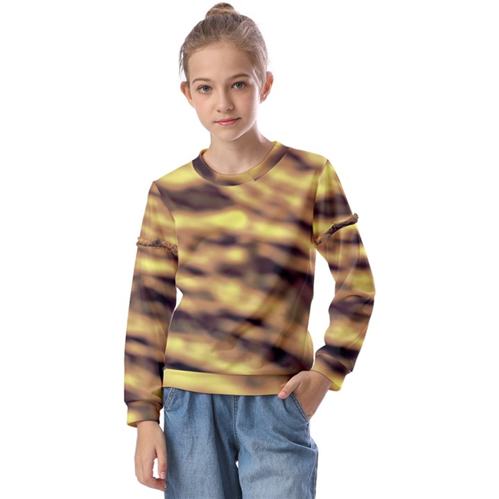 Yellow  Waves Abstract Series No10 Kids  Long Sleeve Tee with Frill 