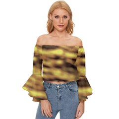 Yellow  Waves Abstract Series No10 Off Shoulder Flutter Bell Sleeve Top by DimitriosArt