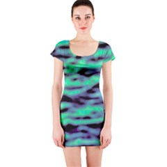 Green  Waves Abstract Series No6 Short Sleeve Bodycon Dress by DimitriosArt