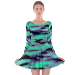 Green  Waves Abstract Series No6 Long Sleeve Skater Dress by DimitriosArt