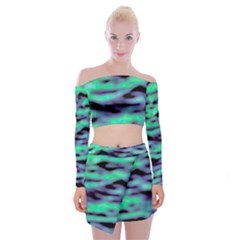 Green  Waves Abstract Series No6 Off Shoulder Top With Mini Skirt Set by DimitriosArt