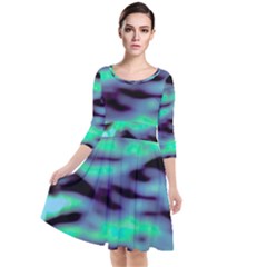 Green  Waves Abstract Series No6 Quarter Sleeve Waist Band Dress by DimitriosArt