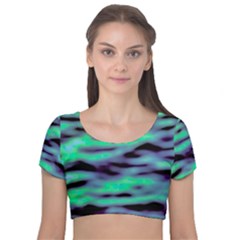 Green  Waves Abstract Series No6 Velvet Short Sleeve Crop Top  by DimitriosArt