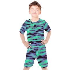 Green  Waves Abstract Series No6 Kids  Tee And Shorts Set by DimitriosArt