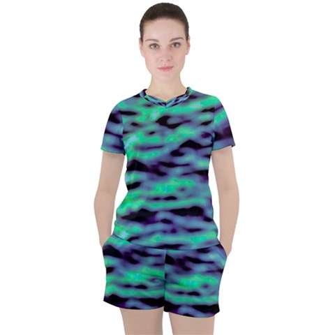 Green  Waves Abstract Series No6 Women s Tee And Shorts Set by DimitriosArt