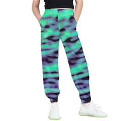 Green  Waves Abstract Series No6 Kids  Elastic Waist Pants by DimitriosArt