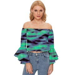 Green  Waves Abstract Series No6 Off Shoulder Flutter Bell Sleeve Top by DimitriosArt