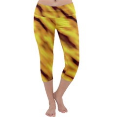 Yellow  Waves Abstract Series No8 Capri Yoga Leggings by DimitriosArt