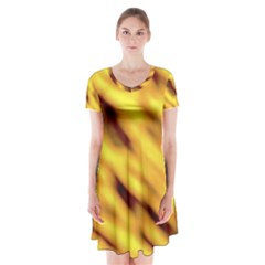 Yellow  Waves Abstract Series No8 Short Sleeve V-neck Flare Dress by DimitriosArt