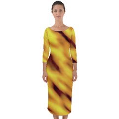 Yellow  Waves Abstract Series No8 Quarter Sleeve Midi Bodycon Dress by DimitriosArt