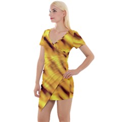 Yellow  Waves Abstract Series No8 Short Sleeve Asymmetric Mini Dress by DimitriosArt