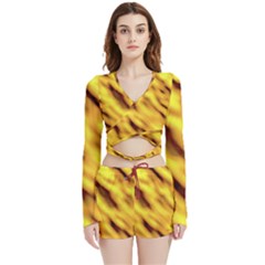 Yellow  Waves Abstract Series No8 Velvet Wrap Crop Top And Shorts Set by DimitriosArt