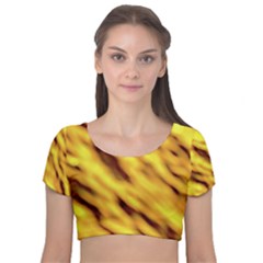 Yellow  Waves Abstract Series No8 Velvet Short Sleeve Crop Top  by DimitriosArt