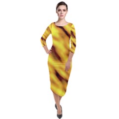 Yellow  Waves Abstract Series No8 Quarter Sleeve Midi Velour Bodycon Dress by DimitriosArt