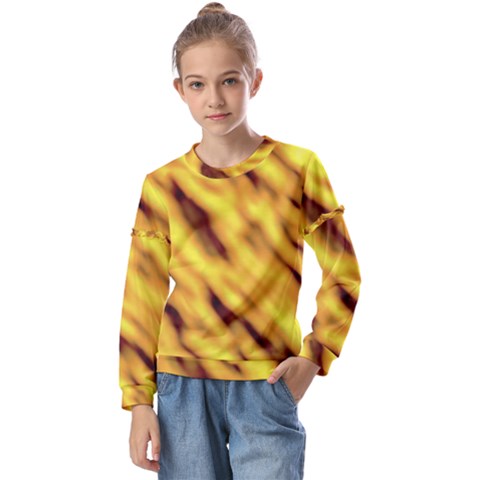 Yellow  Waves Abstract Series No8 Kids  Long Sleeve Tee With Frill  by DimitriosArt