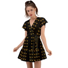 Golden Hearts On Black Freedom Flutter Sleeve Wrap Dress