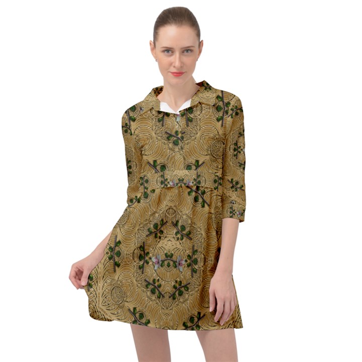 Wood Art With Beautiful Flowers And Leaves Mandala Mini Skater Shirt Dress