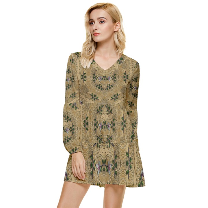 Wood Art With Beautiful Flowers And Leaves Mandala Tiered Long Sleeve Mini Dress