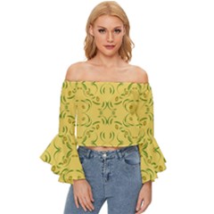 Floral Folk Damask Pattern Fantasy Flowers Floral Geometric Fantasy Off Shoulder Flutter Bell Sleeve Top