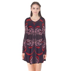 Floral Folk Damask Pattern Fantasy Flowers Floral Geometric Fantasy Long Sleeve V-neck Flare Dress by Eskimos