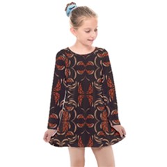 Floral Folk Damask Pattern Fantasy Flowers Floral Geometric Fantasy Kids  Long Sleeve Dress by Eskimos