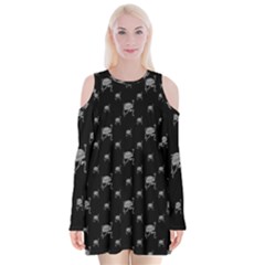 Grey And Black Alien Dancing Girls Drawing Pattern Velvet Long Sleeve Shoulder Cutout Dress by dflcprintsclothing