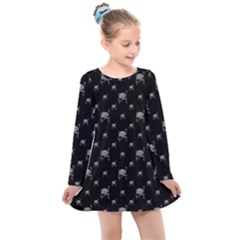 Grey And Black Alien Dancing Girls Drawing Pattern Kids  Long Sleeve Dress by dflcprintsclothing