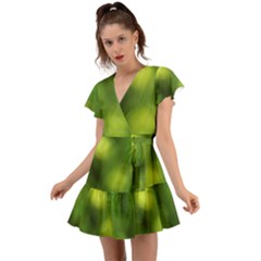 Green Vibrant Abstract No3 Flutter Sleeve Wrap Dress by DimitriosArt