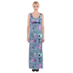 50s Diner Print Blue Thigh Split Maxi Dress by NerdySparkleGoth