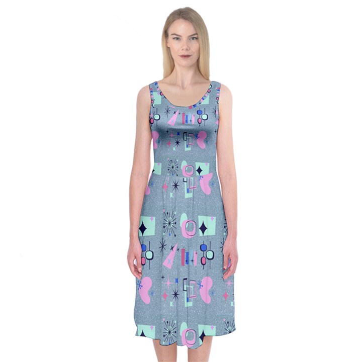 50s Diner Print Blue Midi Sleeveless Dress