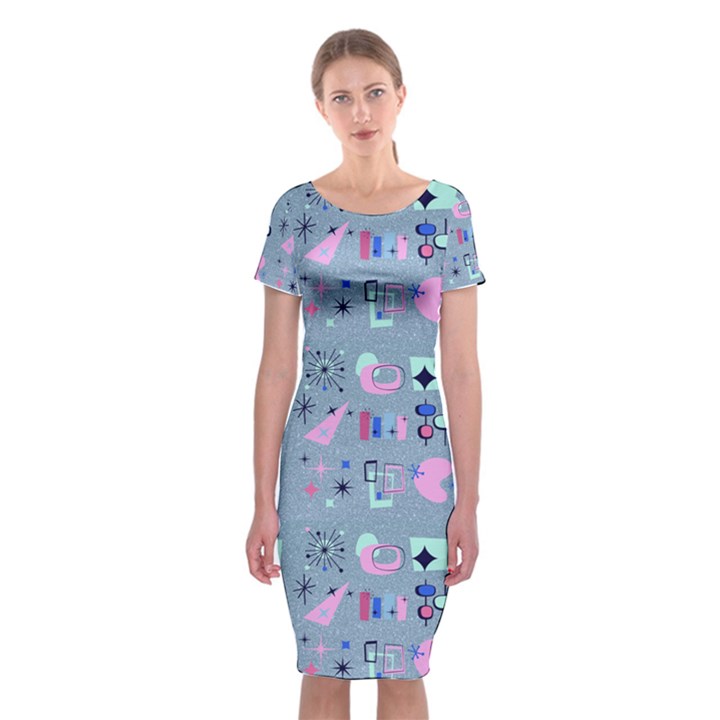 50s Diner Print Blue Classic Short Sleeve Midi Dress