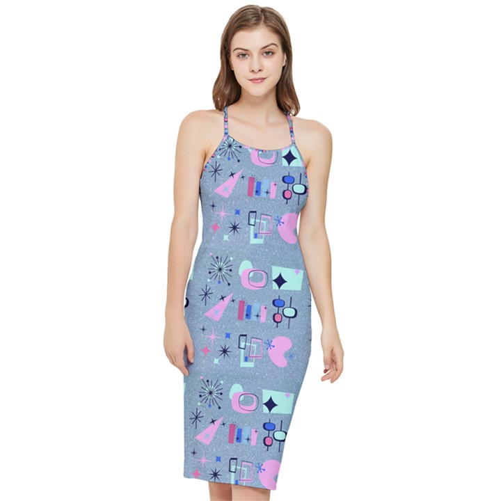 50s Diner Print Blue Bodycon Cross Back Summer Dress