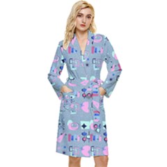 50s Diner Print Blue Long Sleeve Velour Robe by NerdySparkleGoth