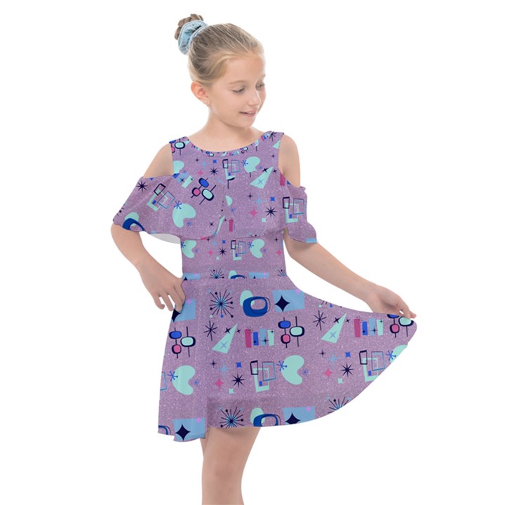 50s Diner Print Pink Kids  Shoulder Cutout Chiffon Dress