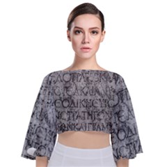 Ancient Greek Typography Photo Tie Back Butterfly Sleeve Chiffon Top