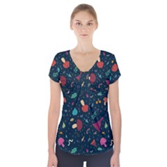 Bright Mushrooms Short Sleeve Front Detail Top by SychEva