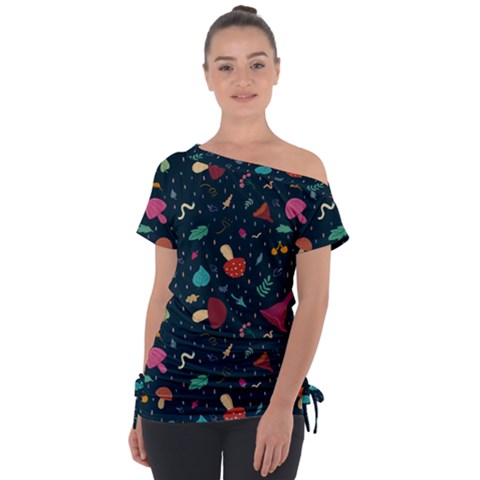 Bright Mushrooms Off Shoulder Tie-up Tee by SychEva