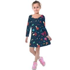 Bright Mushrooms Kids  Long Sleeve Velvet Dress by SychEva