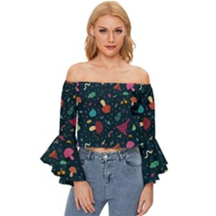 Bright Mushrooms Off Shoulder Flutter Bell Sleeve Top by SychEva