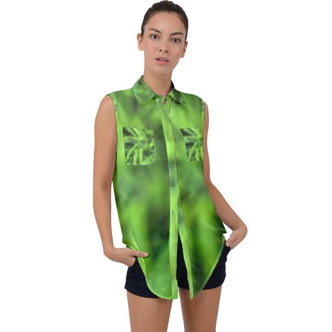 Green Abstract Stars Sleeveless Chiffon Button Shirt by DimitriosArt