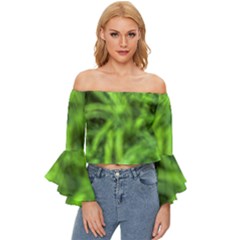 Green Abstract Stars Off Shoulder Flutter Bell Sleeve Top by DimitriosArt