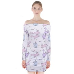 Unicorn Cats Pattern 2 Long Sleeve Off Shoulder Dress by Littlebird